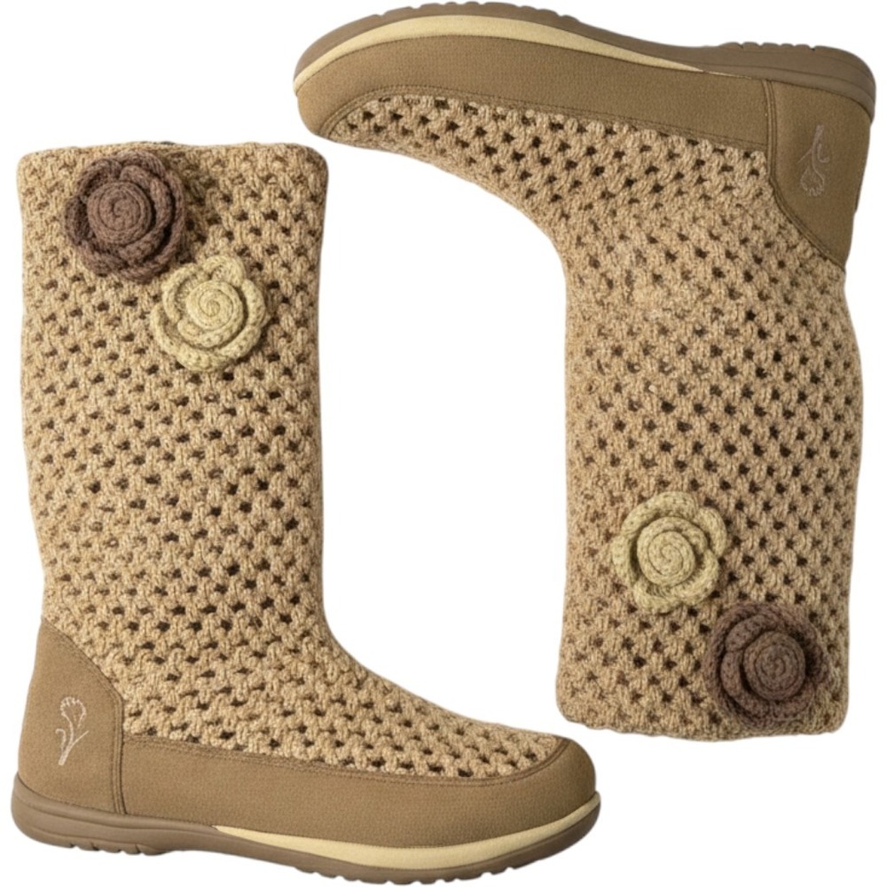 Earth Kalso Juniper Natural Crochet Knit Boots 8.5 Boho 3D Flower Hippy Pull on